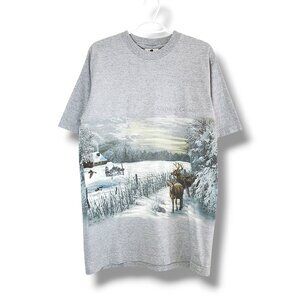 Vintage 90s Deer Nature Wrap Around Graphic Shirt Gray Size L/XL